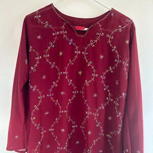 Sheer red embroidered Indian tunic M-L